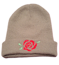 Cuffed Beanie with Red Rose - Olive/Army Green