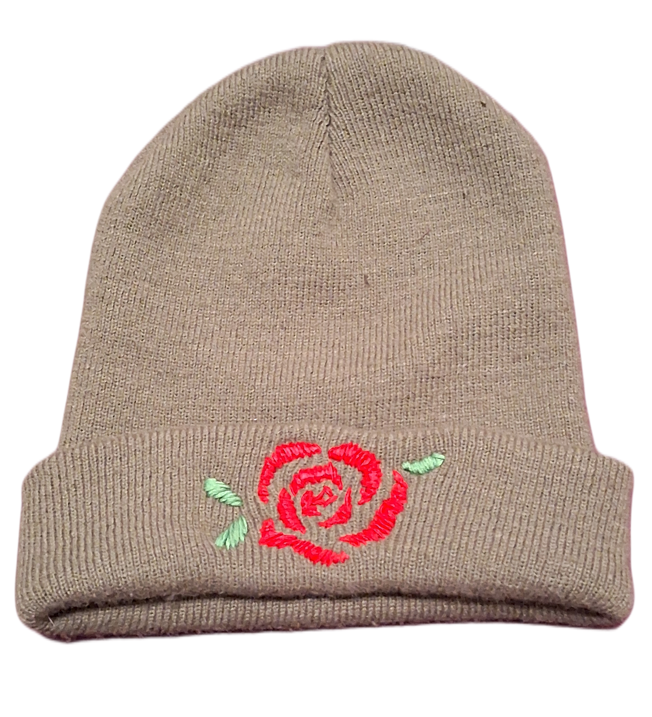 Cuffed Beanie with Red Rose - Olive/Army Green