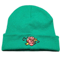 Cuffed Beanie - Green with Pink Rose