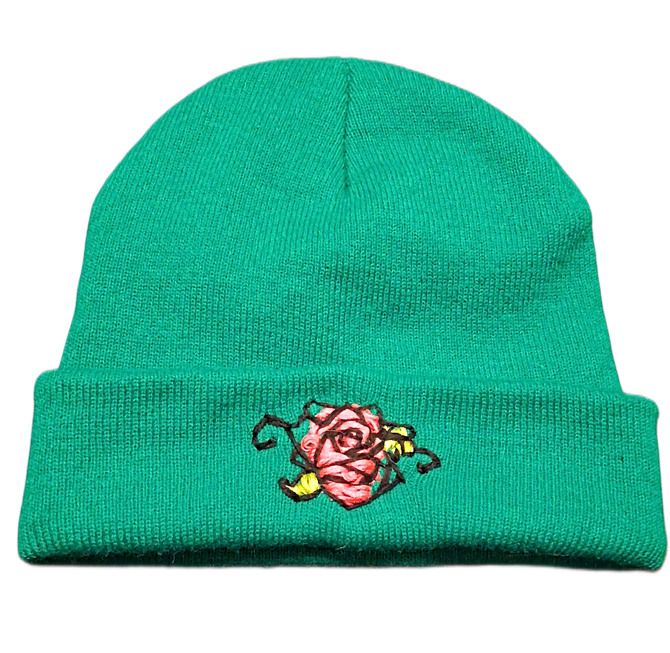 Cuffed Beanie - Green with Pink Rose