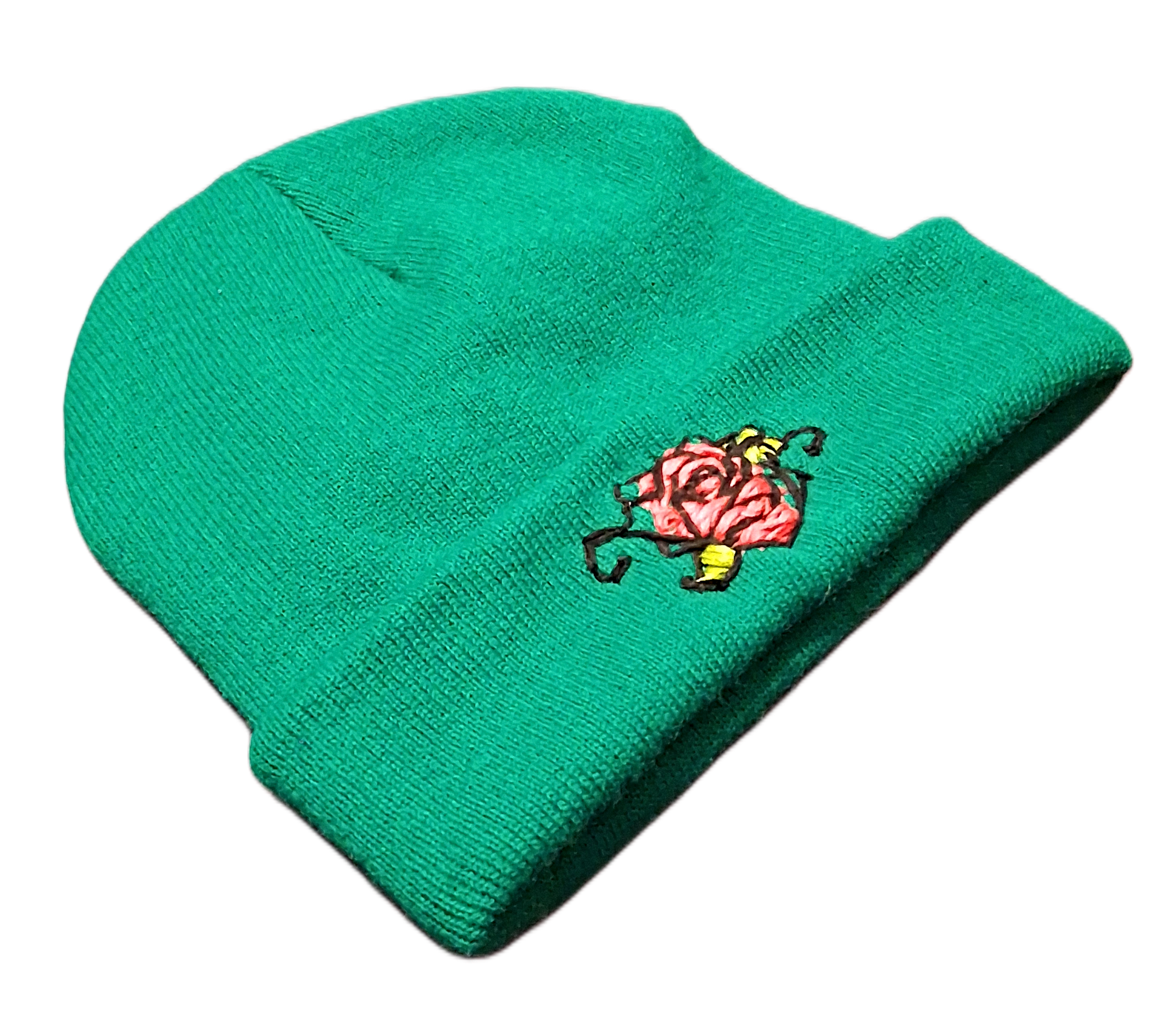 Cuffed Beanie - Green with Pink Rose