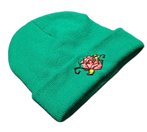 Cuffed Beanie - Green with Pink Rose