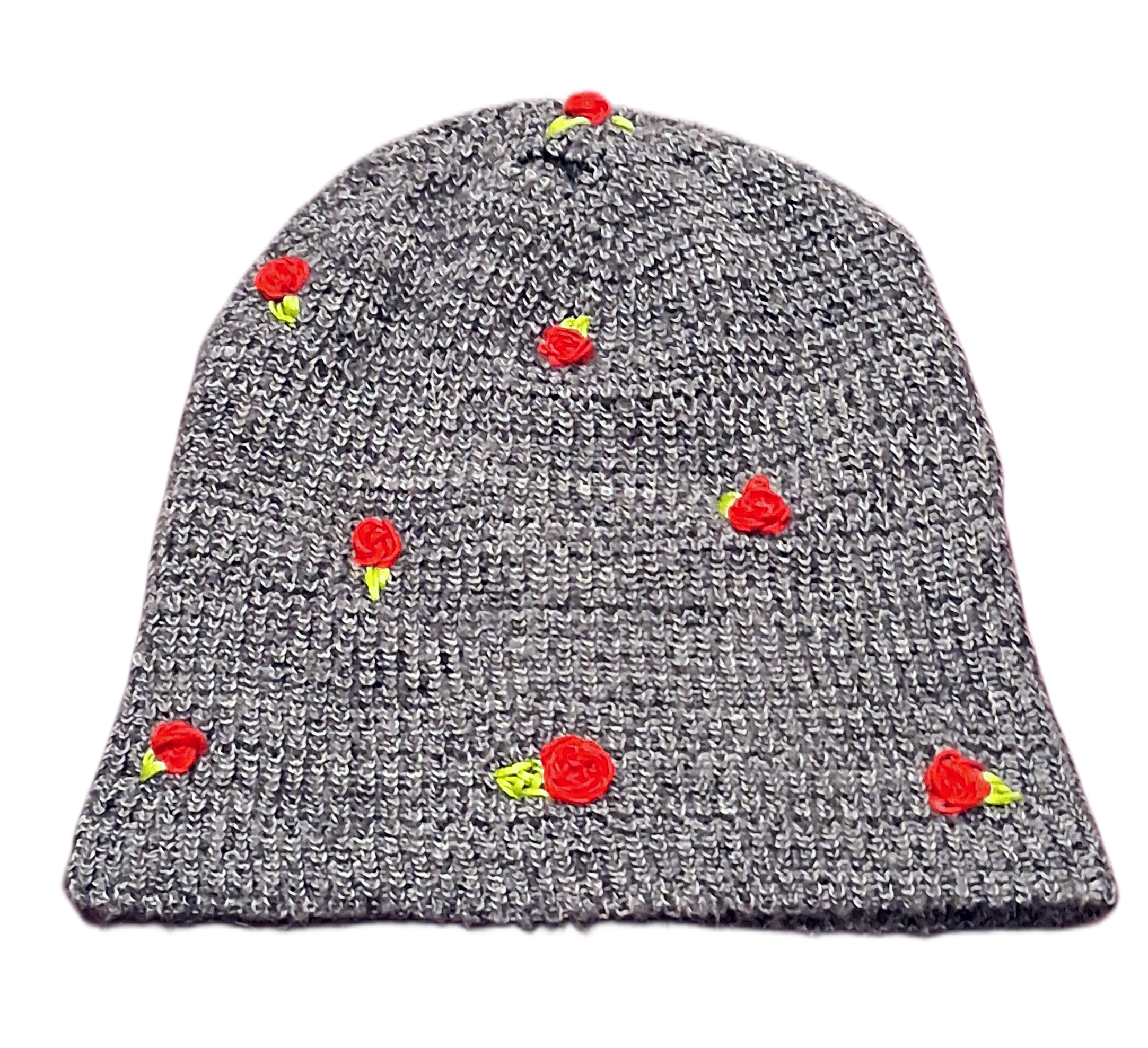 Cuffless Beanie with Roses - Grey