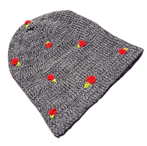 Cuffless Beanie with Roses - Grey