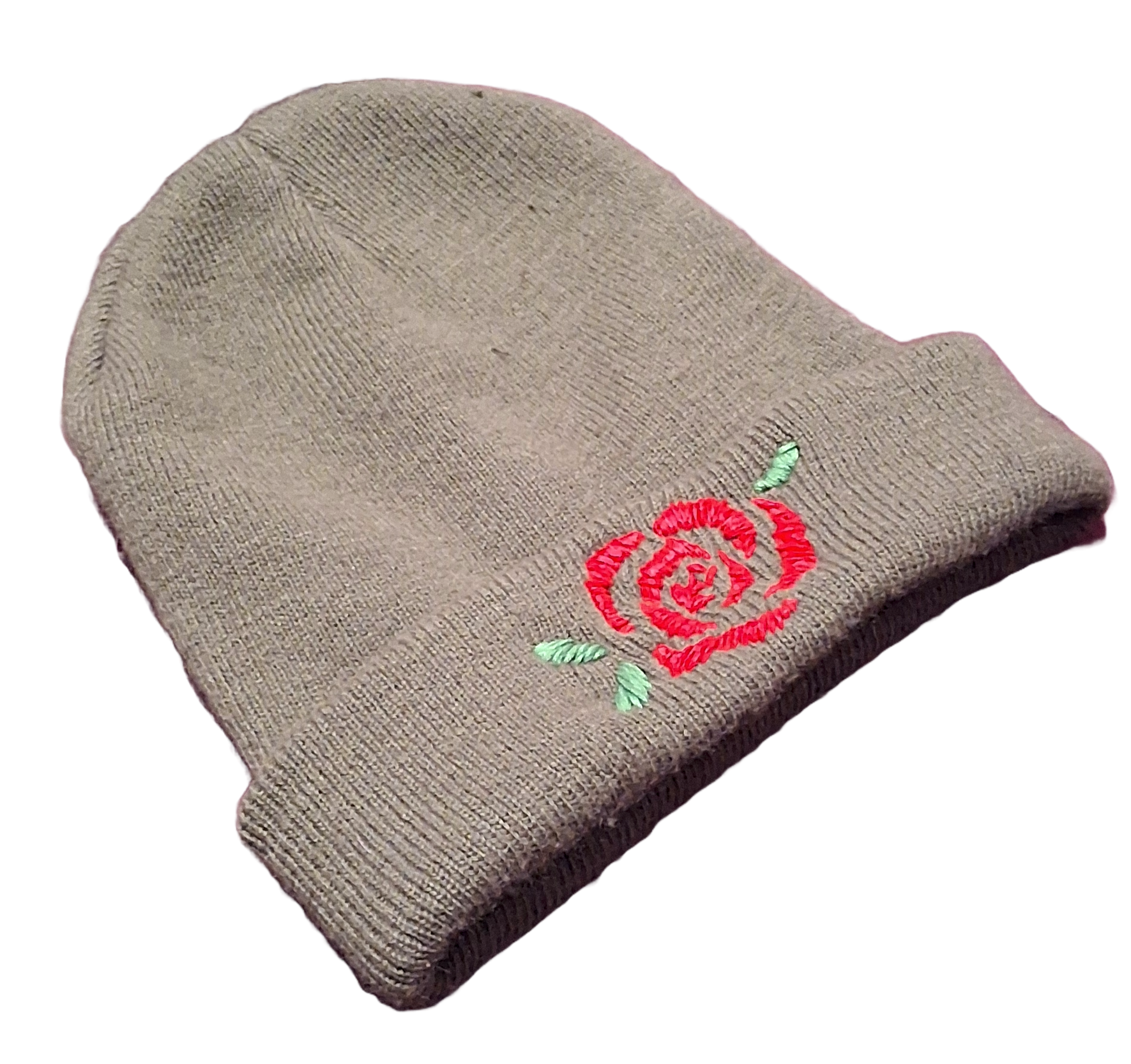 Cuffed Beanie with Red Rose - Olive/Army Green